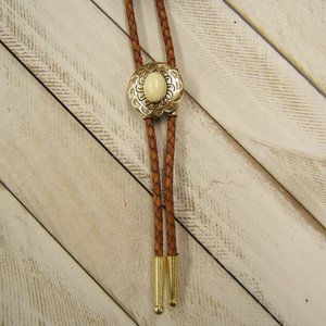 Unique Polished Brass Bolo Tie w Ivory Cabochon Leather Cord Western Neckties